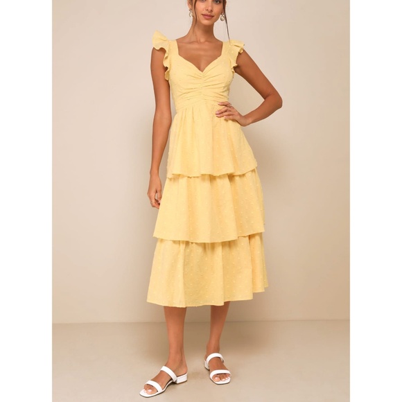 NWT Lulus Charming Decision Yellow Swiss Dot Ruched Tiered Midi Dress XL - Picture 1 of 15